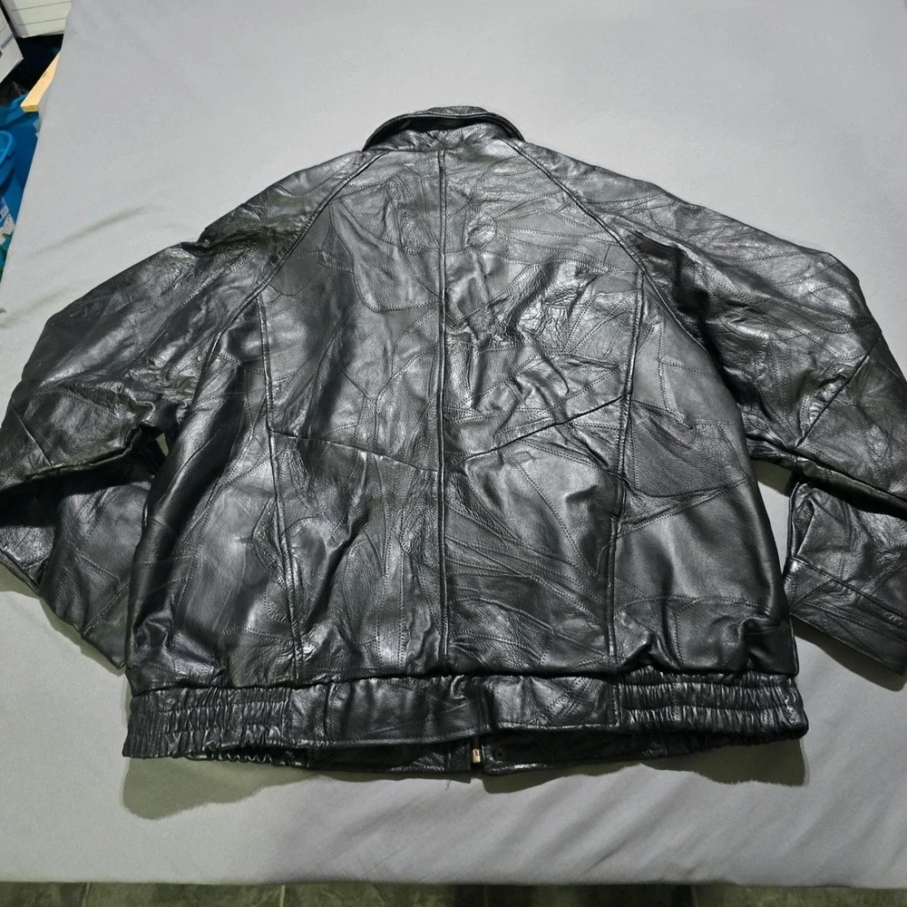 Milan Leather Bomber Jacket Mens 2X Black Patchwork Genuine Leather Moto Coat